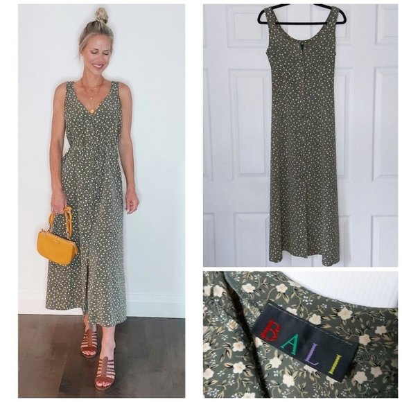 Vintage Dresses & Skirts - 33. 𝅺VINTAGE SAGE FLORAL MAXI DRESS W/ BUTTONS